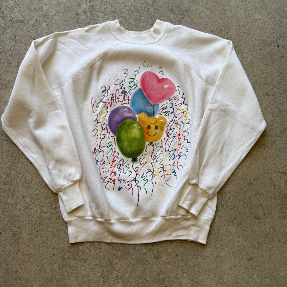 Vintage 80's Hand Painted Party Balloons White Crewneck Pullover Sweatshirt Sz L